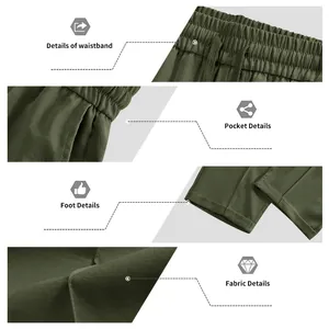Vista detallada de pantalones de negocios verde oliva con cintura, bolsillos y el tejido
