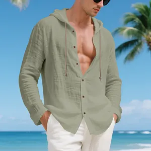 Casual men's loose linen hooded shirt in sage green color, ideal for a beach vacation