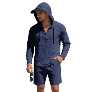 Casual heren linnen strandset in marineblauw met shirt met lange mouwen, capuchon en short