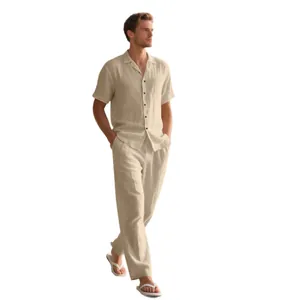 Conjunto de lino de 2 piezas para hombre con camisa de manga corta y pantalón largo de playa