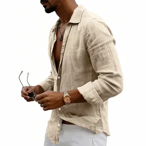 Detailed view of men's beige linen long-sleeve shirt with retro button lapel design