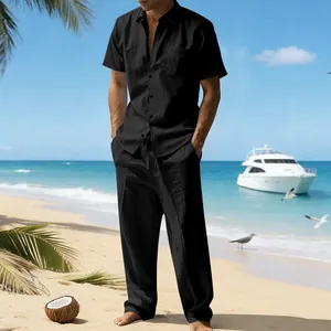 Conjunto casual de lino negro para hombre con camisa de manga corta y pantalón de playa