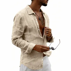 Detailed view of a men's breathable linen long sleeve shirt with a relaxed vintage fit.