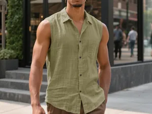 Close-up of men's sleeveless olive linen shirt with lapel and button detail.