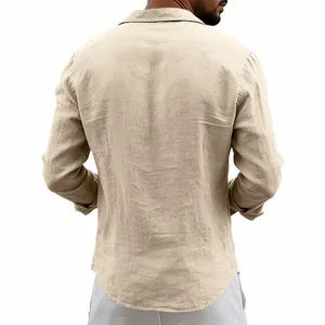 Back view of a breathable men's linen long-sleeve shirt in light beige finish
