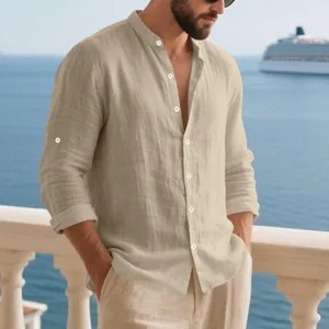 Chemise décontractée en lin à manches longues pour homme avec col mao couleur beige