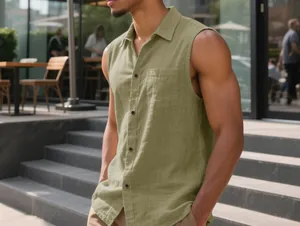Detail shot of a casual olive green sleeveless linen shirt for men worn by a model outdoor