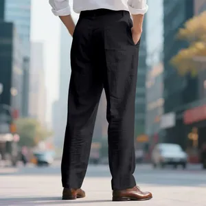 Detailed back view of men's black linen casual straight trousers in urban setting