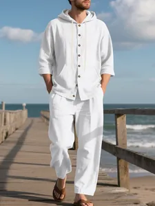 Heren Casual Linnen Set Hoodie Lange Mouwen Shirt En Broek Tweedelig Strand Outfit Losjes Geweven Effen Kleur Zomerpakken