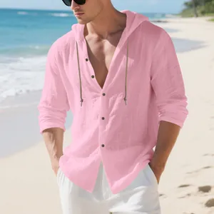 Detail of pink breathable linen hooded shirt featuring casual button-down front and drawstrings