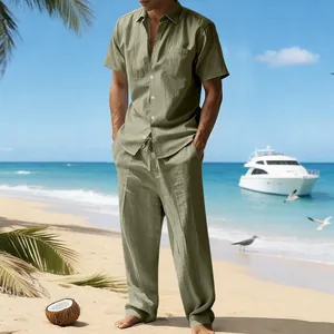 Conjunto casual de lino para hombre con camisa de manga corta y pantalón en verde oliva
