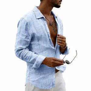 Light blue men's breathable linen long sleeve shirt with vintage button down detail