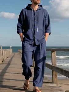Heren losse blauwe linnen tweedelige strandset met shirt met capuchon en broek
