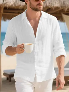 Men's Linen Blend Long Sleeve Shirt Casual Beach Button Down Shirt Loose Fit Lapel Collar Vacation Top For Men