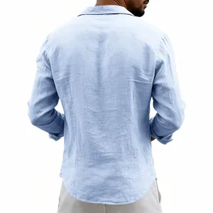Detailed back view of a breathable light blue men's linen long sleeve shirt for summer