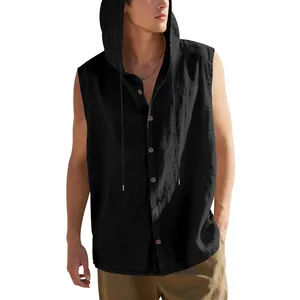 Close-up of men's sleeveless black linen hooded shirt with button-down front design