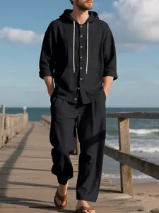 Heren losse zwarte linnen tweedelige set met hoodie-shirt en lange broek voor het strand