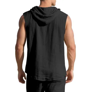 Back view detail of men's casual sleeveless black hoodie with breathable linen texture