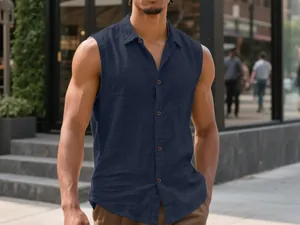 Close-up of a men's navy blue sleeveless linen shirt in a casual urban setting