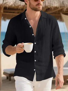 Classic men's black linen long sleeve shirt featuring lapel collar for casual beach wear