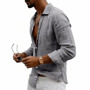 Men's relaxed fit linen shirt with retro lapel and button closure details