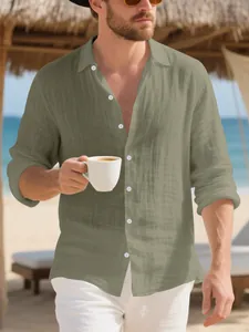 Men's olive green linen casual beach shirt with long sleeves and white buttons top