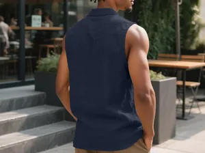 Detail back view of men's navy blue sleeveless linen shirt for casual daily wear