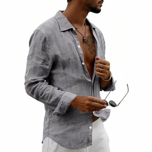 Detail shot of men's grey linen long-sleeve shirt featuring a breathable and retro texture