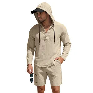 Heren linnen set in kaki met shirt met lange mouwen en capuchon en bijpassende short