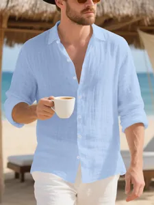 Men's light blue long-sleeved linen beach shirt with casual lapel collar