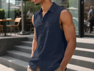 Detailed macro view of a men's navy blue sleeveless linen shirt with rustic buttons