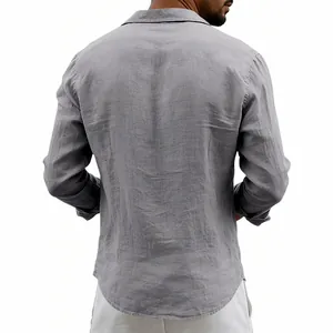 Close-up back view of breathable men's gray linen long sleeve shirt in retro style