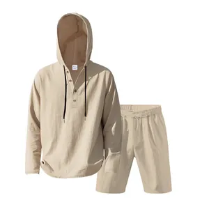 Ademende linnen herenset met shirt met capuchon en bijpassende strandshort