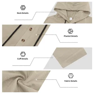 Detailweergaven van heren linnen shirt met capuchon: nek, sluiting, manchet en stoftextuur