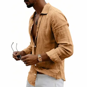 Close-up side view of a men's vintage breathable linen long-sleeve shirt in khaki