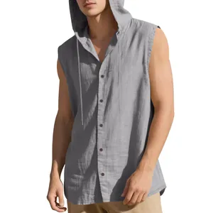 Detail view of the breathable linen fabric on this men's gray sleeveless hooded shirt
