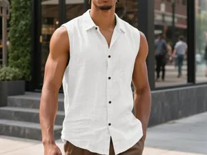 Close-up of a men's casual white linen sleeveless shirt with a front chest pocket