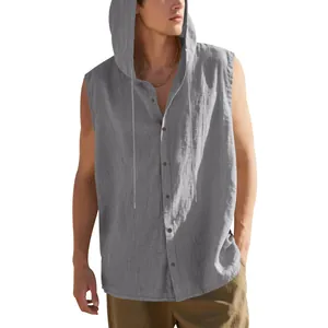 Men's casual grey sleeveless linen hooded shirt with button front for summer beach wear.