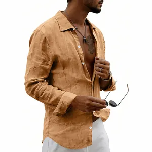 Close-up detail view of men's vintage ochre linen long sleeve shirt with breathable texture