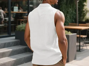 Back view of a men's casual white sleeveless linen shirt showcasing the breathable fabric texture
