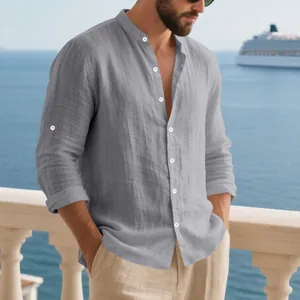 Chemise Henley en lin gris pour homme avec col montant et manches boutonnées