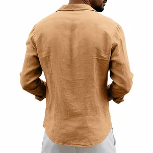 Detailed back view of a men's loose and breathable long-sleeved linen shirt in camel