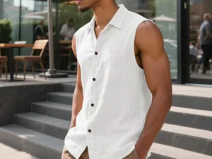 Close-up of men's white sleeveless linen shirt with button-down collar and chest pocket.