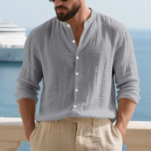 Chemise henley en lin gris pour homme avec col officier et manches longues respirantes