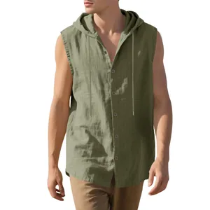 Front view of men's sleeveless hooded linen shirt in olive green casual style