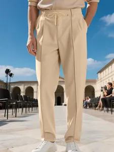 Pantalones business casual para hombre kaki de corte recto con cordón y raya marcada