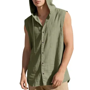 Detail of men's sleeveless hooded linen shirt in sage green showing fabric texture