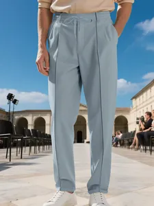 Pantalones de vestir rectos para hombre en azul claro con cintura elástica y cordón ajustable
