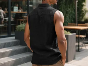 Back view detail of a men's black sleeveless linen shirt with casual collar design