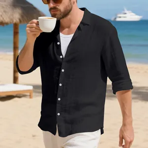 Heren casual zwart linnen shirt met lange mouwen voor vakantiestijl aan het strand